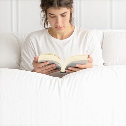 A person demonstrating the correct use of pillows to support the back and arms while reading in bed to prevent neck strain.