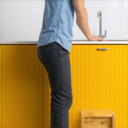 Proper Kitchen Ergonomics Using a Step Stool Woman using a step stool at the kitchen sink for back relief
