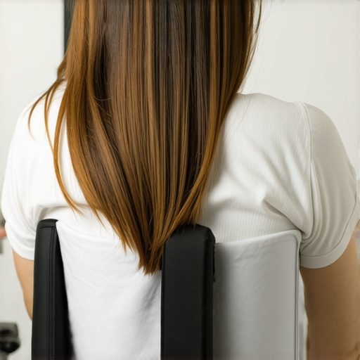 A person using a lumbar roll in an office chair to maintain the natural curve of the lower spine and prevent back pain.