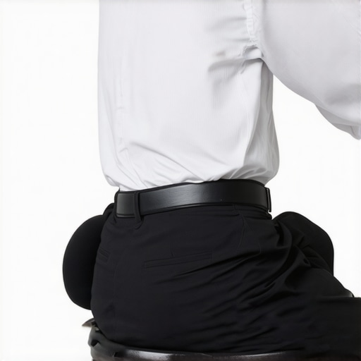 A person using a firm lumbar roll to maintain spinal alignment while sitting in an office chair.