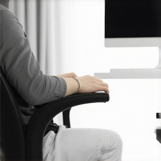 A person using a firm lumbar roll in an office chair to maintain natural spinal curve and prevent back pain.