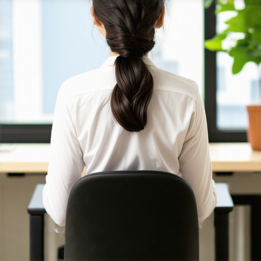 A man using a lumbar roll in an office chair to maintain a neutral spine and prevent back pain.