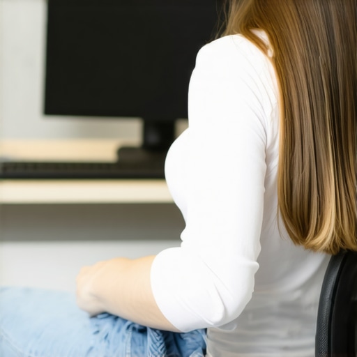 A person using a lumbar roll to maintain spine health while working.