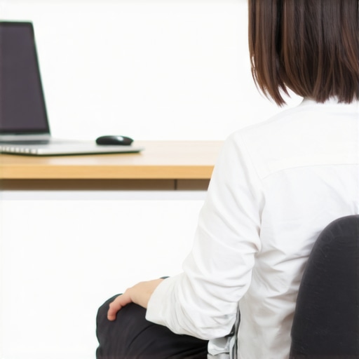 A person using a lumbar roll at their desk to maintain spinal health and prevent back pain.