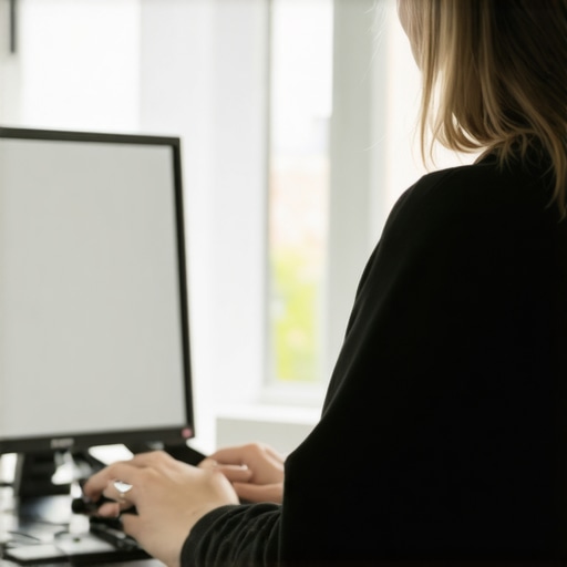 A person demonstrating the correct neck posture while typing at a computer