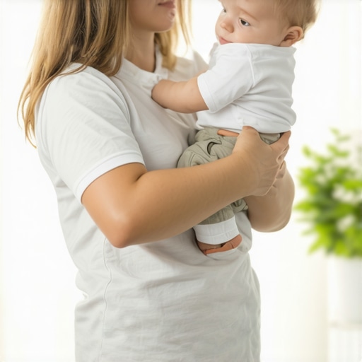A parent demonstrating correct posture and spinal alignment while holding their baby close to their chest.