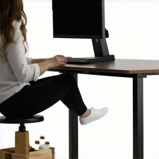 A person demonstrating the one-foot-up rule and correct monitor height at a standing desk.