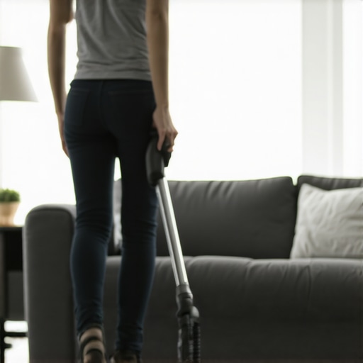 A person demonstrating the fencer's stance while vacuuming to protect the lower back.