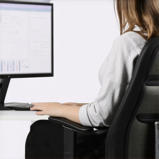 A person demonstrating neutral spine posture with an ergonomic lumbar roll and eye-level monitor.