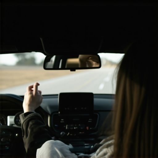 A driver adjusting their rearview mirror to maintain better spinal alignment and prevent leg heaviness.