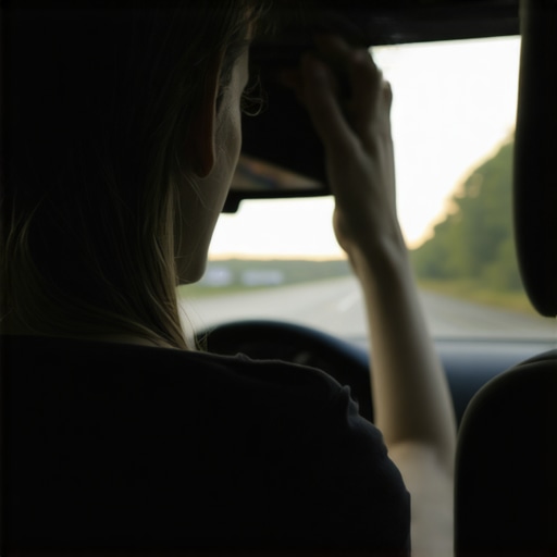 A driver adjusting a car mirror to maintain healthy spinal alignment.