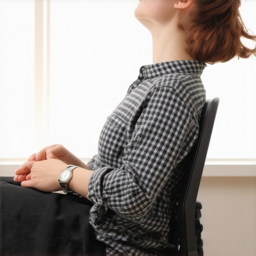 A person sitting at a desk with relaxed shoulders and natural spine alignment practicing breathing exercises.