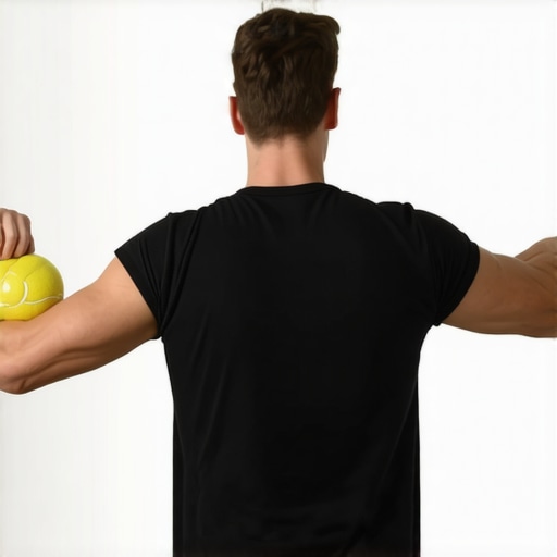 A person using a tennis ball against a wall to relieve back tension.