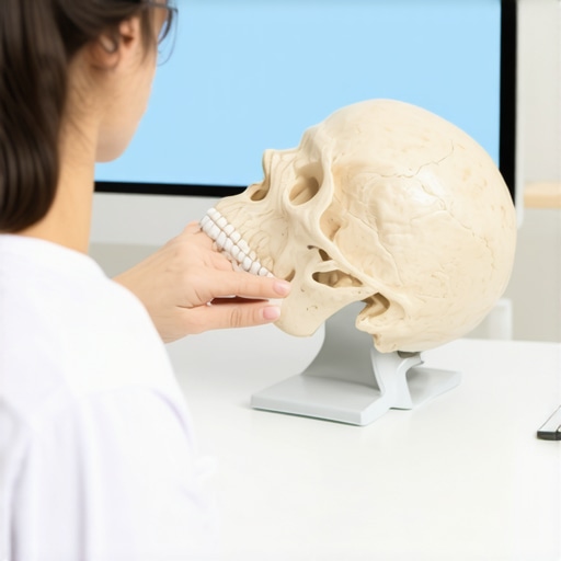 A person performing a suboccipital muscle release to reduce eye strain and neck pain while working at a computer.