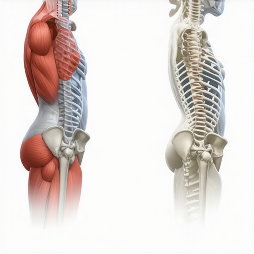 Anatomical diagram comparing forced rigid posture and healthy neutral spinal alignment.