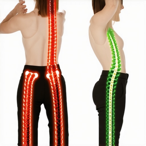 Illustration showing how forced upright posture can strain the lumbar spine compared to a healthy neutral position.