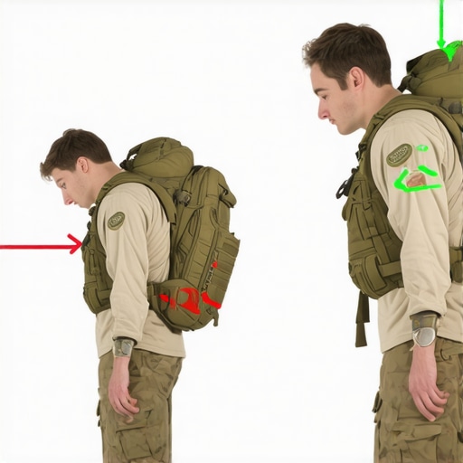 Diagram comparing a strained rigid posture with a healthy stacked spine for backpack carrying.