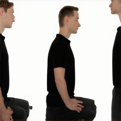 Diagram showing the difference between forced military posture and healthy neutral spine alignment while sitting