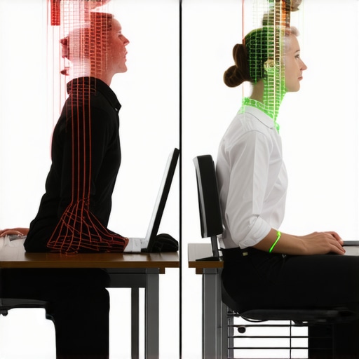 An illustration showing how rigid upright posture creates tension compared to a healthy dynamic sitting position.