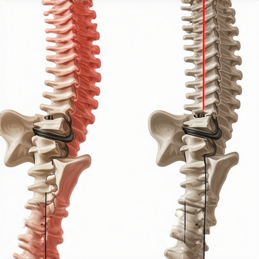 Anatomical comparison of spinal pressure in rigid and neutral postures showing disc stress.