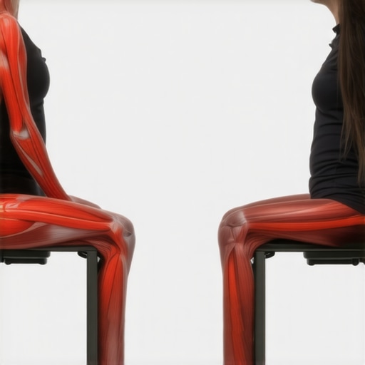 Comparison showing how forced upright posture causes muscle tension compared to natural spinal curves.