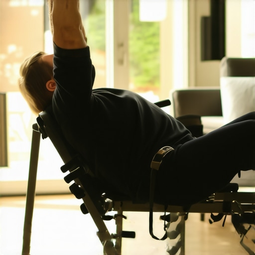 A person demonstrating the correct 20-degree angle on an inversion table for back decompression.
