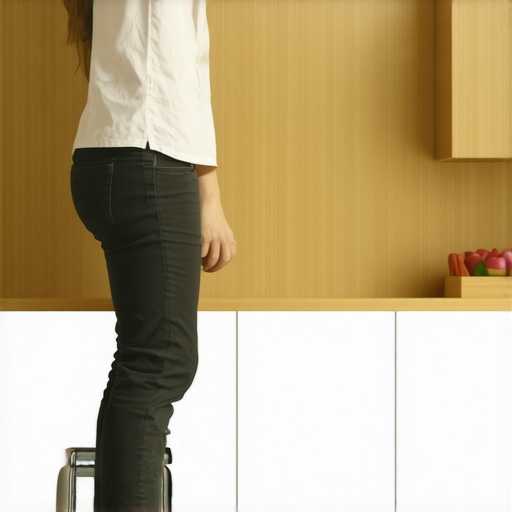 Middle-aged person using a kitchen step stool with proper spinal alignment