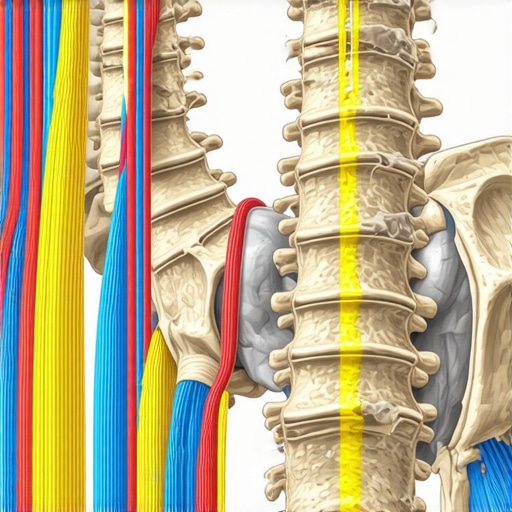 Anatomical diagram of spinal disc pressure and sciatic nerve tension during stretching.