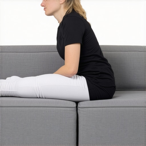 A person demonstrating a nerve glide exercise while sitting on a couch to relieve back and leg pain.