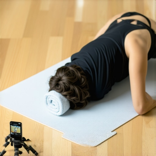 Man filming his core exercise on a floor mat to check his lower back position.