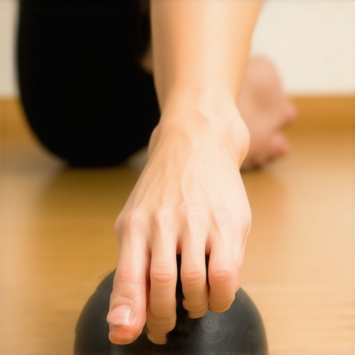 A person rolling a massage ball under their bare foot to improve foot mobility and reduce back pain.