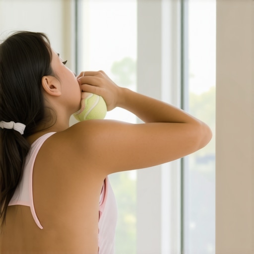 Person using a tennis ball against a wall to release upper back and neck tension