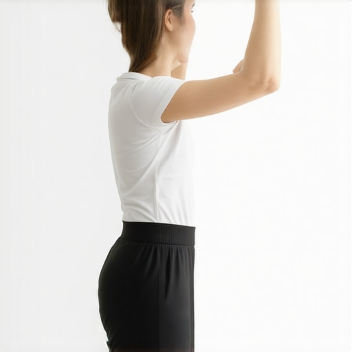A person demonstrating how to realign shoulders and spine to fix posture issues from heavy bags.