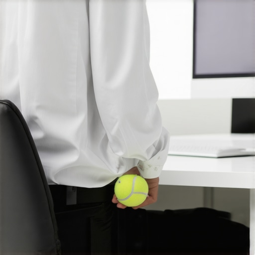 A person using a tennis ball for glute and back tension relief at an office desk.