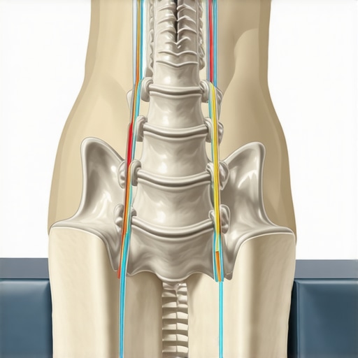 3D medical illustration showing the effect of spinal decompression on lumbar vertebrae and discs.