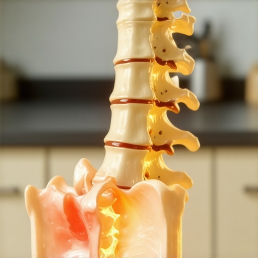 Anatomical illustration of lumbar spine stress caused by improper reaching in a kitchen setting.