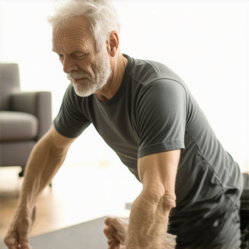 A man performing a safe nerve gliding exercise to relieve sciatica on a yoga mat.
