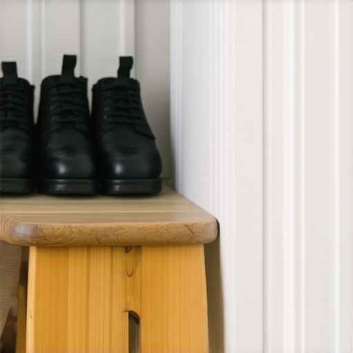 A small wooden step stool sitting next to an entryway bench to encourage spine-friendly shoe tying.