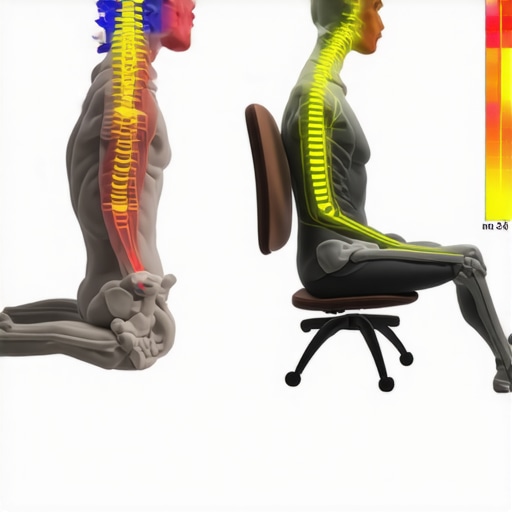 Diagram showing spinal disc pressure differences between rigid and dynamic sitting positions.