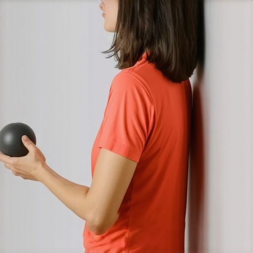 Person using a lacrosse ball against a wall to release muscle tension in the upper back.
