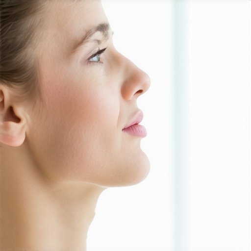 A person demonstrating a relaxed jaw and neck posture to relieve tension.