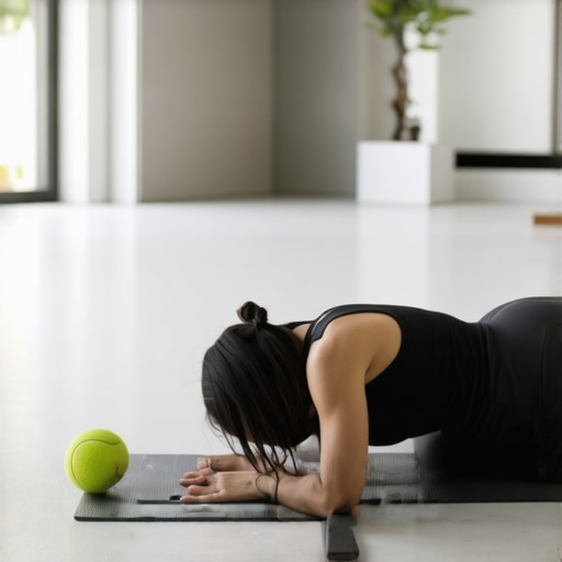 Person using a tennis ball for glute and sciatic pain relief on a yoga mat.