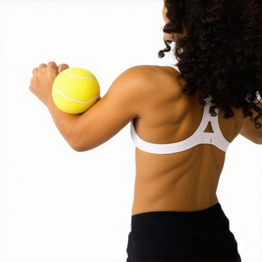 Person using a tennis ball for back muscle relief against a wall