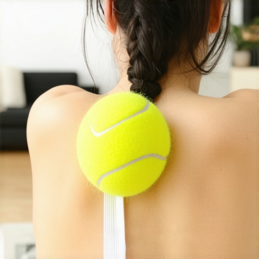 A person using a tennis ball against a wall to release muscle knots in their back.
