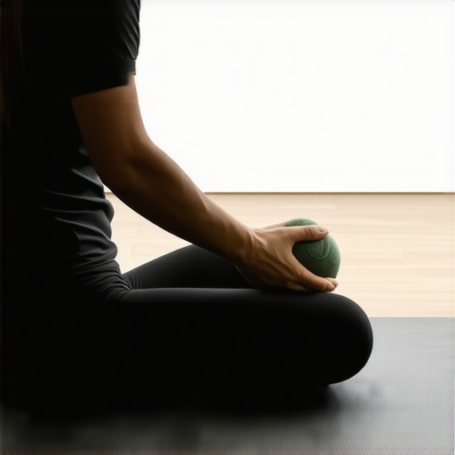 A person using a tennis ball to massage deep glute muscles for sciatica relief.