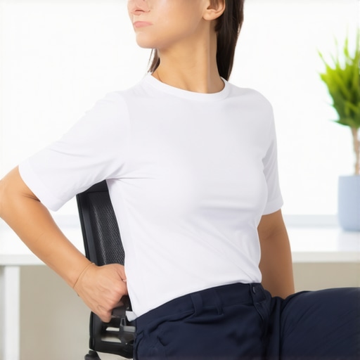 A person demonstrating the Bruegger position to reset posture and relieve neck pain at a desk.