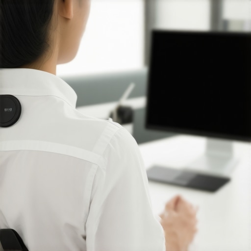A professional using a wearable posture sensor to maintain spinal alignment while working.