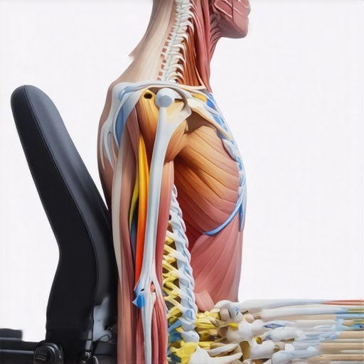 Anatomical diagram of a driver showing how weak hip muscles cause neck strain.