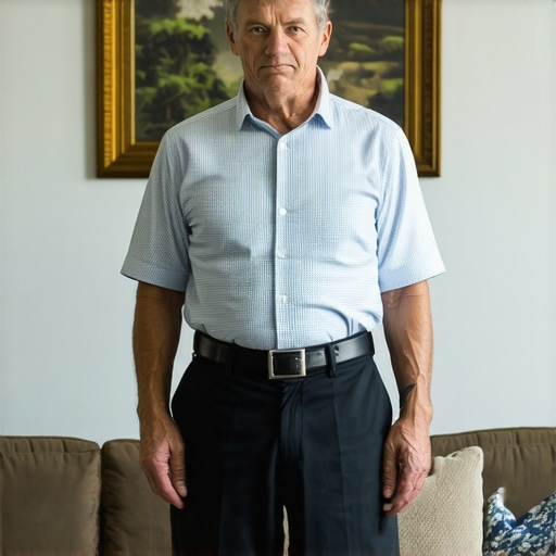A man demonstrating the physical strain and tension caused by trying to maintain a rigid upright posture.