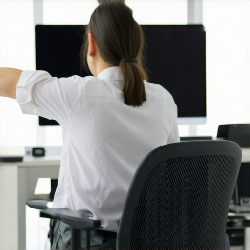 A person demonstrating the arm length test for correct computer monitor distance to prevent neck and shoulder pain.